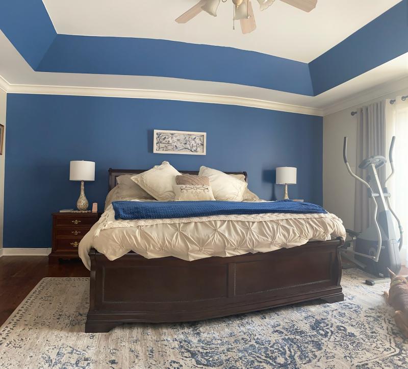 Beautiful bedroom done in S.W. Grey w/Blue accent wall/ceiling